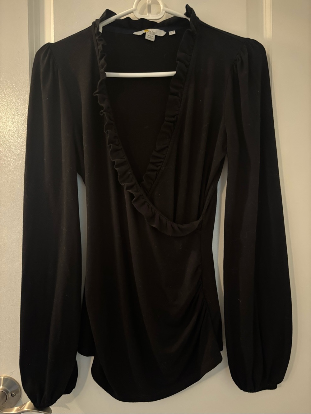 Boden Black Ruffle-Trim Ruched Wrap Top, Jersey Knit, Soft Drape